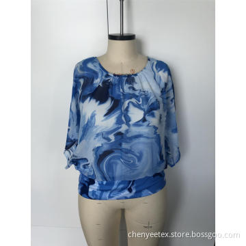 Tie-dyed chiffon top with round collar